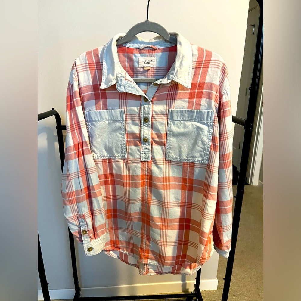 American Eagle Flannel/Plaid Quarter Button Down Pullover Tunic Sz Large